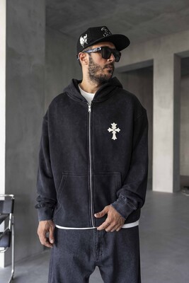 Cross Printed Washed Black Hoodie 1922 - Thumbnail (2)