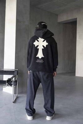 Cross Printed Washed Black Hoodie 1922 - Thumbnail (3)