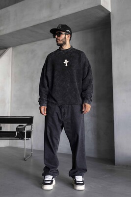 Black Island - Cross Printed Washed Black Sweatshirts 1921