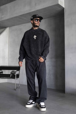 Cross Printed Washed Black Sweatshirts 1921 - Thumbnail (2)