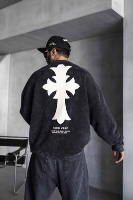 Cross Printed Washed Black Sweatshirts 1921 - Thumbnail (3)