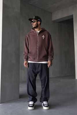 Black Island - Cross Printed Washed Brown Hoodie 1922