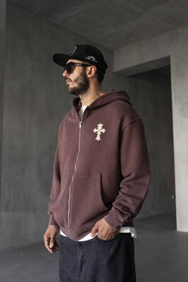 Black Island - Cross Printed Washed Brown Hoodie 1922 (1)