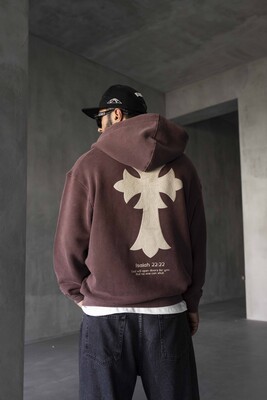 Cross Printed Washed Brown Hoodie 1922 - Thumbnail (2)