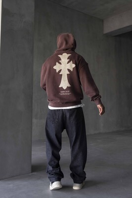 Cross Printed Washed Brown Hoodie 1922 - Thumbnail (3)
