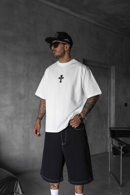 Cross Printed White T-shirt 1889 - Thumbnail (2)