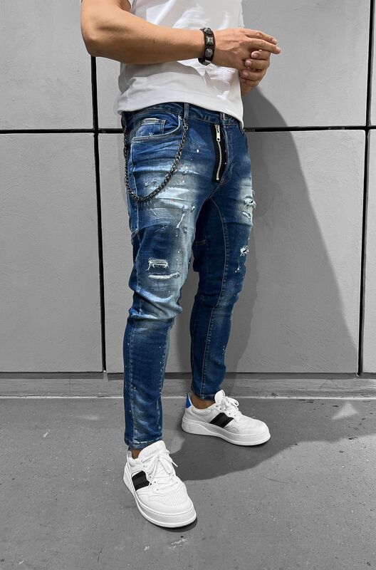 Ripped Zip Detailed Blue Jeans 15848 (3)