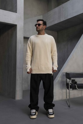 Black Island - Distressed Knit Sweater Beige 1005