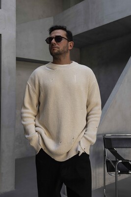 Distressed Knit Sweater Beige 1005 - Thumbnail (2)