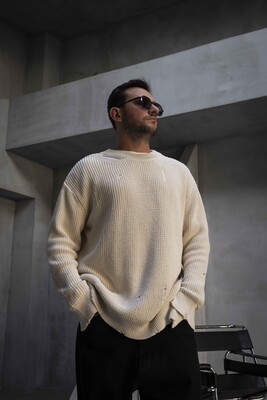 Distressed Knit Sweater Beige 1005 - Thumbnail (3)