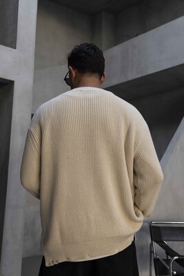 Distressed Knit Sweater Beige 1005 - Thumbnail (4)