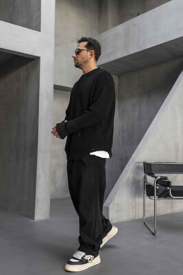 Distressed Knit Sweater Black 1005 - Thumbnail (2)