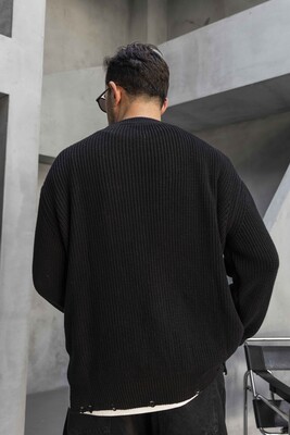 Distressed Knit Sweater Black 1005 - Thumbnail (3)