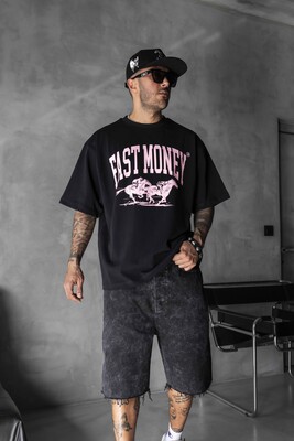 Black Island - Fast Money Horse Racing Print Black Oversized T-Shirt 1869 (1)