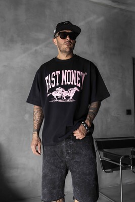 Fast Money Horse Racing Print Black Oversized T-Shirt 1869 - Thumbnail (2)