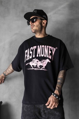 Fast Money Horse Racing Print Black Oversized T-Shirt 1869 - Thumbnail (3)