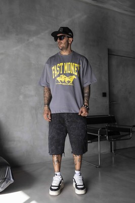 Black Island - Fast Money Horse Racing Print Gray Oversized T-Shirt 1869