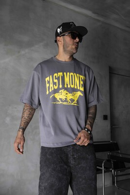 Black Island - Fast Money Horse Racing Print Gray Oversized T-Shirt 1869 (1)
