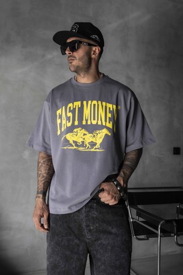 Fast Money Horse Racing Print Gray Oversized T-Shirt 1869 - Thumbnail (2)