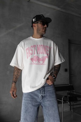 Black Island - Fast Money Horse Racing Print White Oversized T-Shirt 1869 (1)