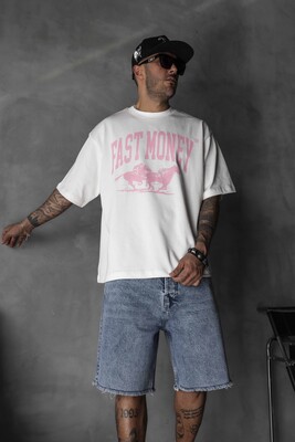 Fast Money Horse Racing Print White Oversized T-Shirt 1869 - Thumbnail (3)