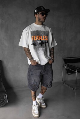 FEARLESS Printed Oversize White T-Shirt 1858 - Thumbnail (3)