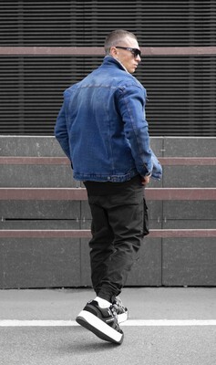 fur collor denım jacket blue 15405 - Thumbnail