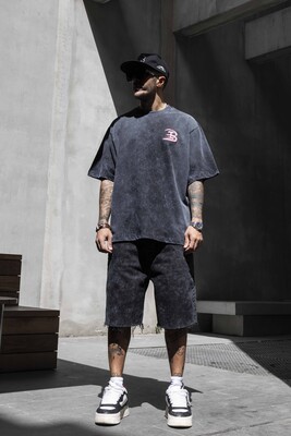 Black Island - Graffiti Print Oversized Washed Black T-Shirt 1860