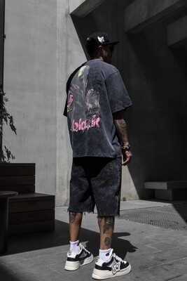 Graffiti Print Oversized Washed Black T-Shirt 1860 - Thumbnail (3)