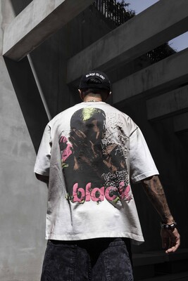 Graffiti Print Oversized Washed White T-Shirt 1860 - Thumbnail (2)