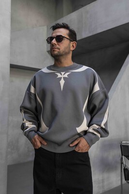 Gray & White Abstract Knit Sweater 1002 - Thumbnail (2)