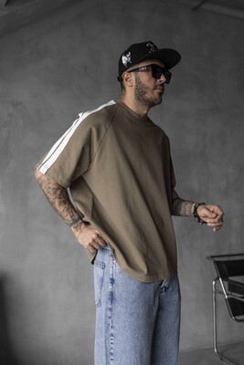 Green Oversized T-Shirt with Black Stripes 1834 - Thumbnail (2)