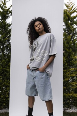 IN GOD WE TRUST PRINTED WASHED T-SHIRT GRAY 1846 - Thumbnail (2)