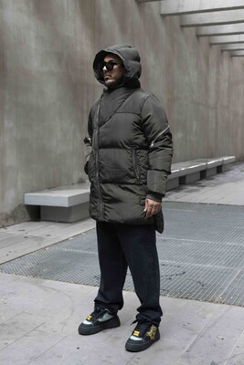 Long Coat Assymetric Khaki Zip Jacket 7001 - Thumbnail