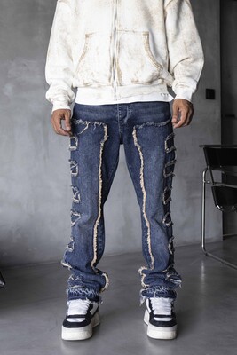 Black Island - Loose Fıt Patterned Dark Blue Jeans 16889