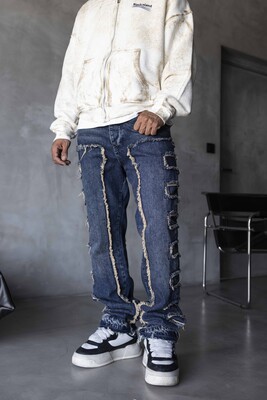 Black Island - Loose Fıt Patterned Dark Blue Jeans 16889 (1)