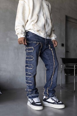 Loose Fıt Patterned Dark Blue Jeans 16889 - Thumbnail (2)