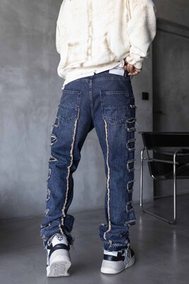 Loose Fıt Patterned Dark Blue Jeans 16889 - Thumbnail (3)