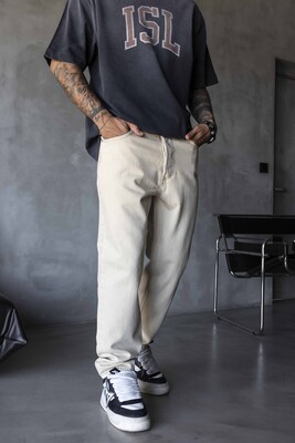 Loose Fit Washed Beige Jeans 17198 - Thumbnail (3)