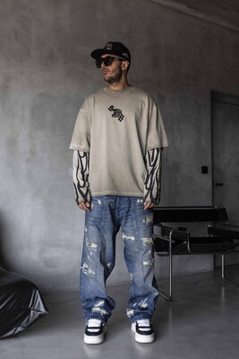 Black Island - Neon Flames Double Layers Beige Sweatshirt 1914