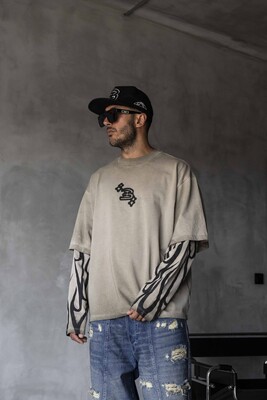 Neon Flames Double Layers Beige Sweatshirt 1914 - Thumbnail (2)