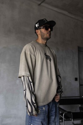 Neon Flames Double Layers Beige Sweatshirt 1914 - Thumbnail (3)