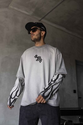 Neon Flames Double Layers Gray Sweatshirt 1914 - Thumbnail (2)