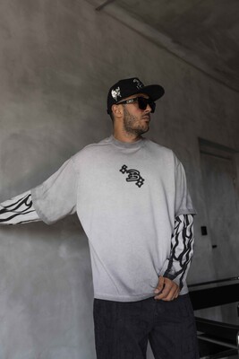Neon Flames Double Layers Gray Sweatshirt 1914 - Thumbnail (3)