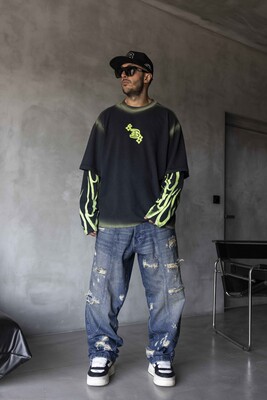Black Island - Neon Flames Double Layers Green Sweatshirt 1914