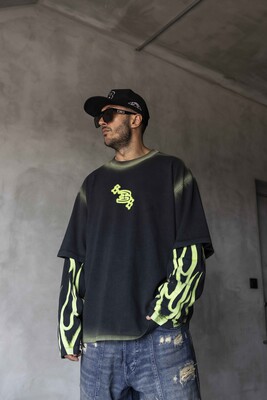 Black Island - Neon Flames Double Layers Green Sweatshirt 1914 (1)