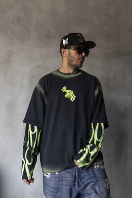 Neon Flames Double Layers Green Sweatshirt 1914 - Thumbnail (2)
