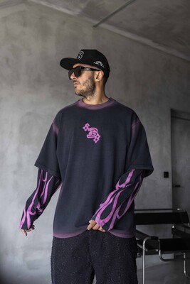 Neon Flames Double Layers Purple Sweatshirt 1914 - Thumbnail (2)