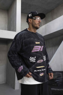 Oversize Printed Sweatshirt Black 1938 - Thumbnail (2)