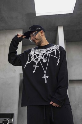 Oversize Printed Sweatshirt Black 1954 - Thumbnail (3)